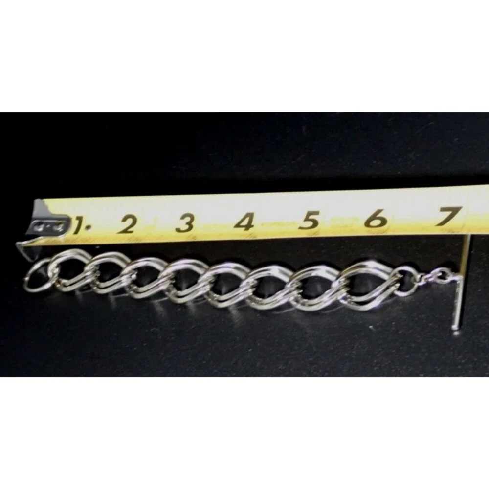 Double Chain Link Silver Tone Bangle Bracelet Toggle Clasp 7.5
